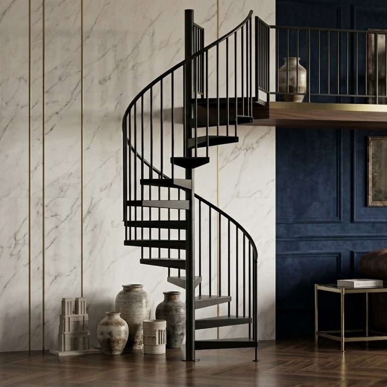 Escalera espiral arquitectónica con jardín y diseño moderno